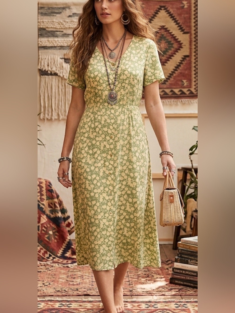 April Cornell Light Green Floral Midi Dress Women’s Size M Button Front Tie Belt